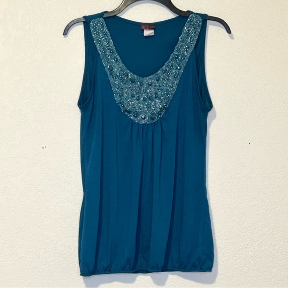 Agenda Tops - Agenda Large Embellished Sleeveless Blouse Teal Blue